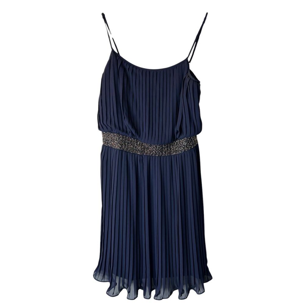Adrianna Papell Dress Size 4 Navy Silver Embellished‎ Sleeveless Pleated Mini